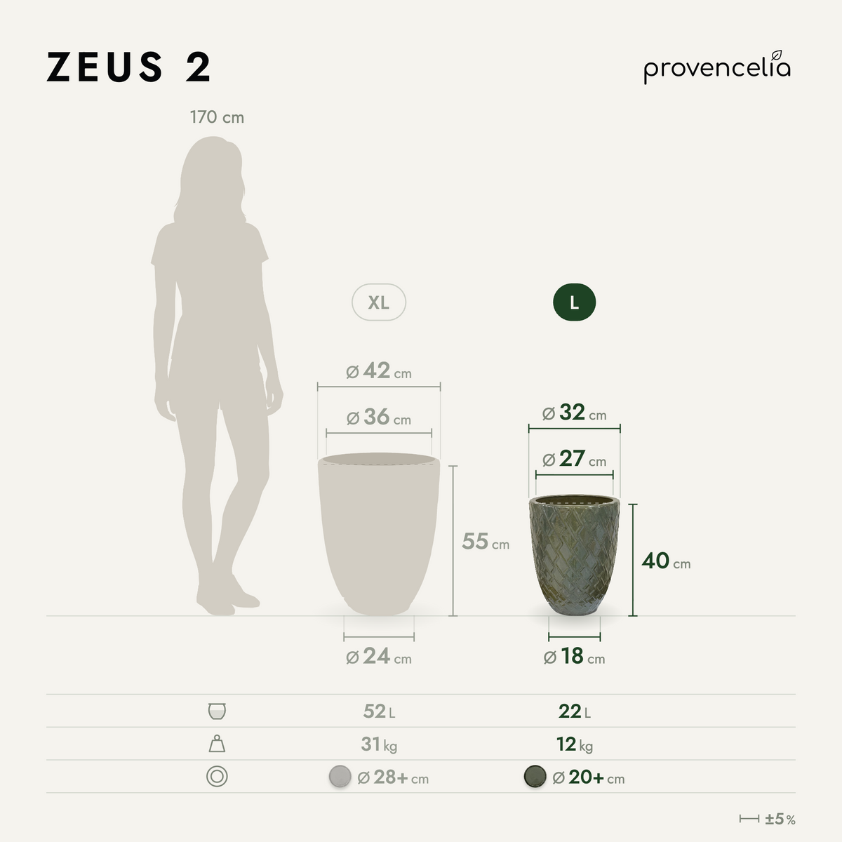 Pot ZEUS 30x44 cm vert crème en terre cuite émaillée, schéma de dimensions du pot