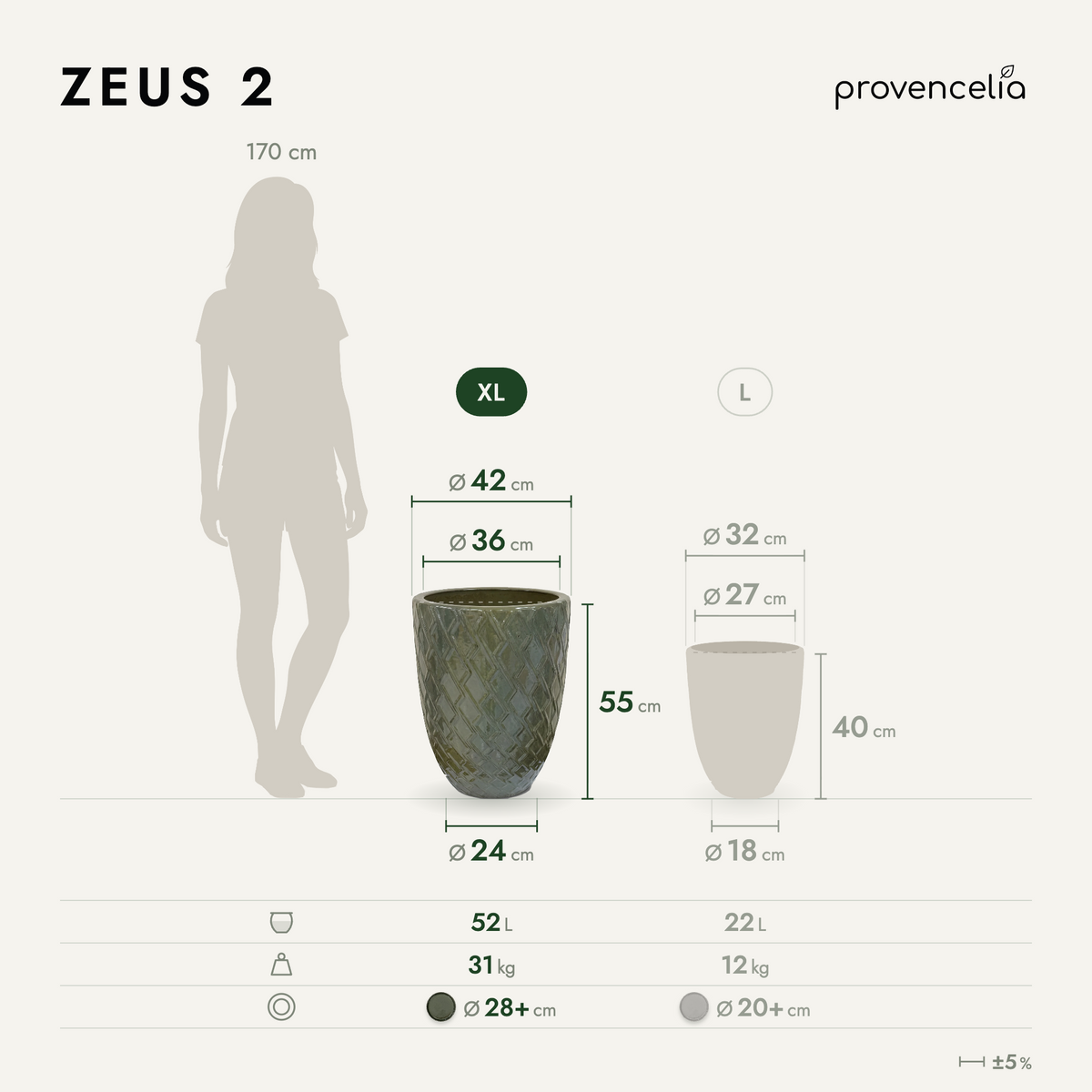 Pot ZEUS 42x54 cm vert crème en terre cuite émaillée, schéma des dimensions et capacités