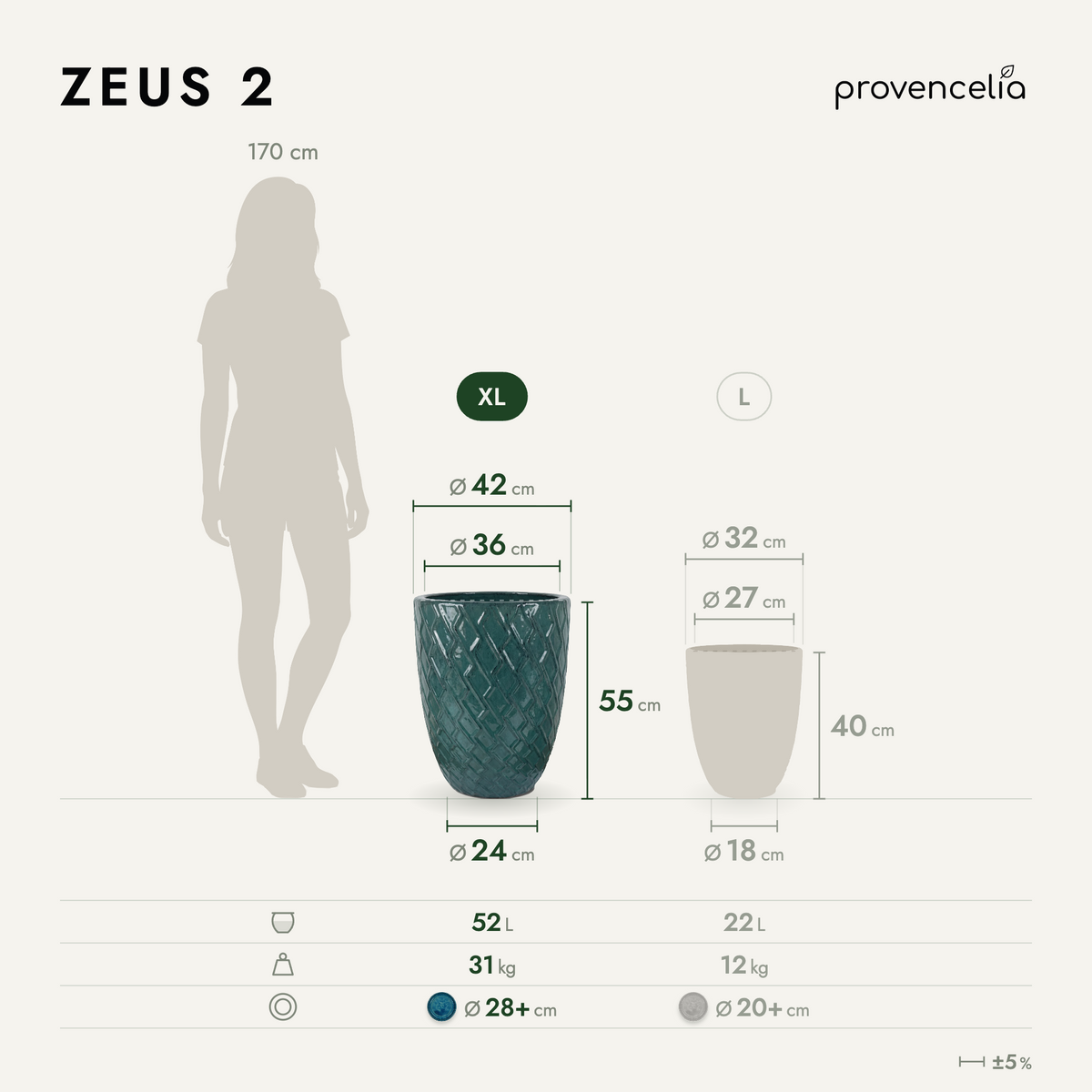 Macetero ZEUS 42x54 cm bruma de jade de cerámica esmaltada, esquema de dimensiones