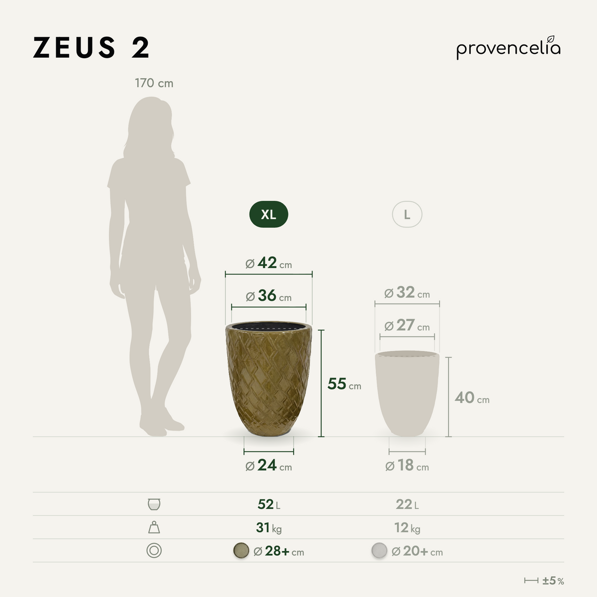 ZEUS planter 42x54 cm sunset in glazed ceramic, XL dimension diagram