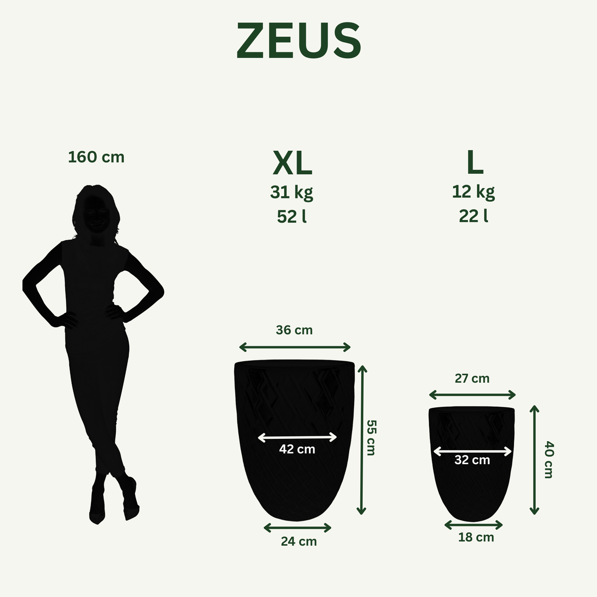 Pot Zeus vert profond en terre cuite émaillée, schéma des deux tailles